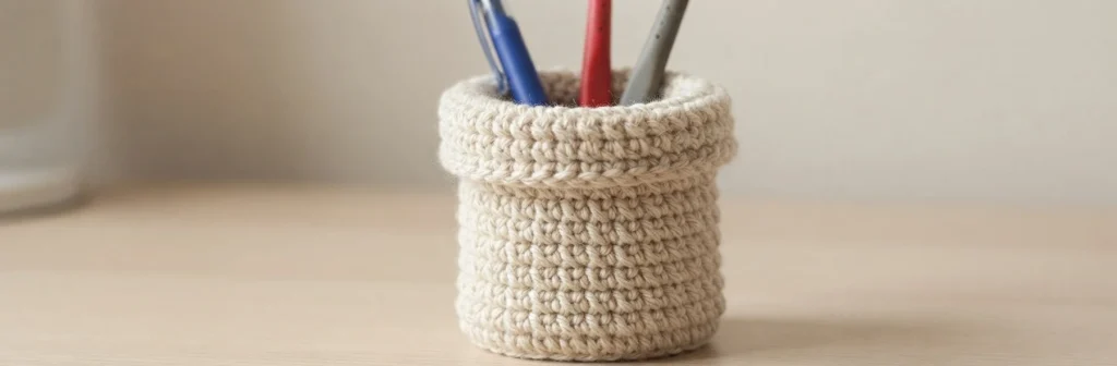 Beige crochet pen holder with a folded rim holding a blue pen and other tools on a light wooden desk
