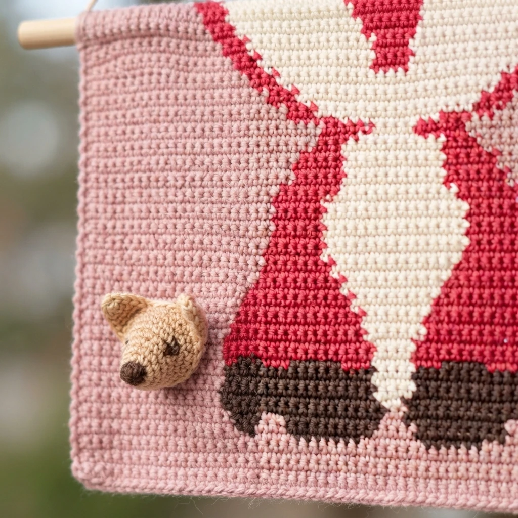 Gros plan d’une tenture crochetée rose avec le corps rouge et crème d’un renard, ses pattes brunes et une tête beige en relief sur le côté.
