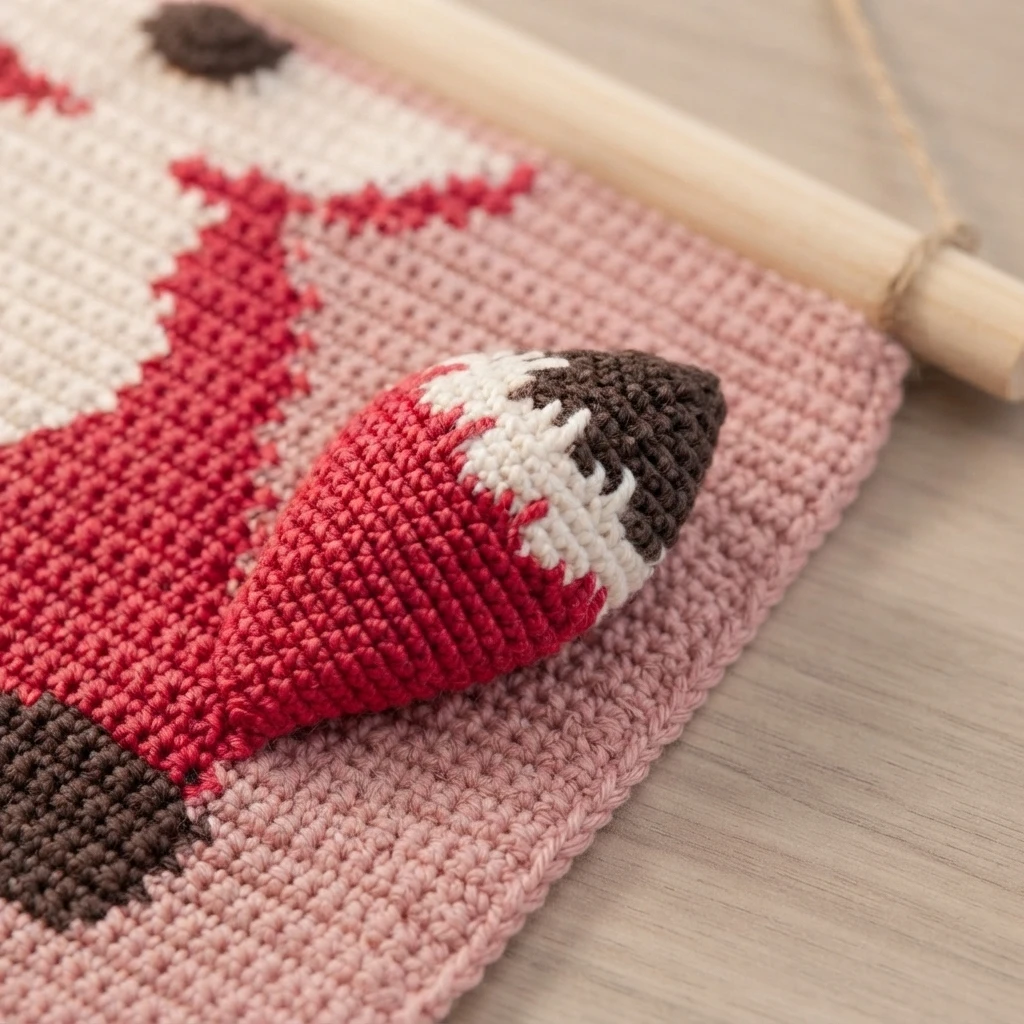 Gros plan d’une queue de renard crochetée rouge, crème et marron foncé, fixée à une tenture rose suspendue à une baguette en bois.
