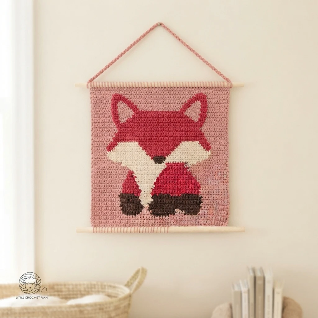 Pink crocheted wall hanging with a cream and red fox motif, suspended between two wooden dowels.