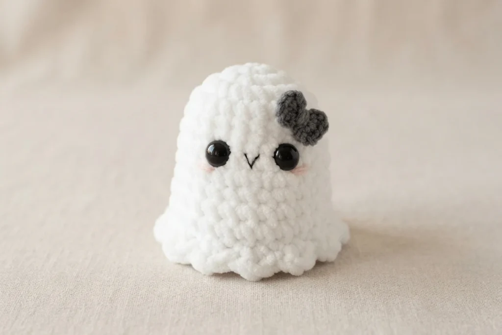 Small white chenille crochet ghost with black safety eyes, a stitched V-shaped mouth, pink blush cheeks and a gray crocheted bow on its head, sitting on a beige fabric surface.
