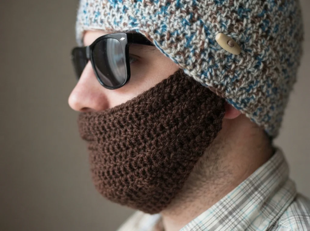 Person wearing sunglasses, a speckled crocheted beanie and a dark brown crocheted beard cover over the lower face.