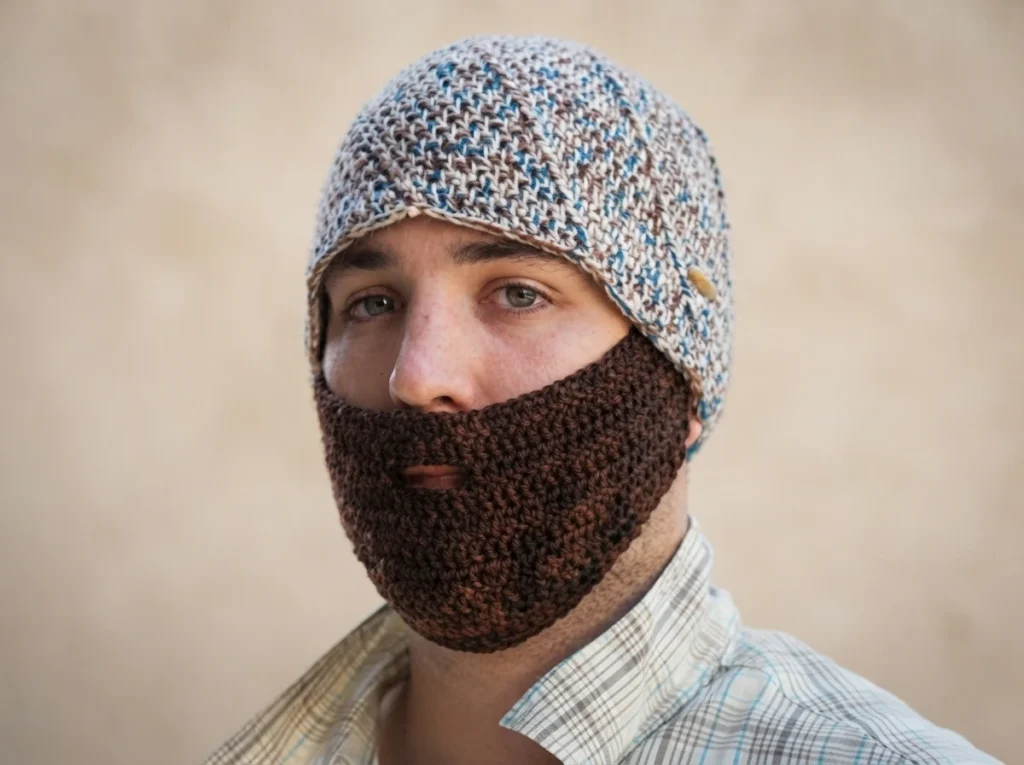 A man wearing a variegated crocheted hat with an attached dark brown crocheted beard.