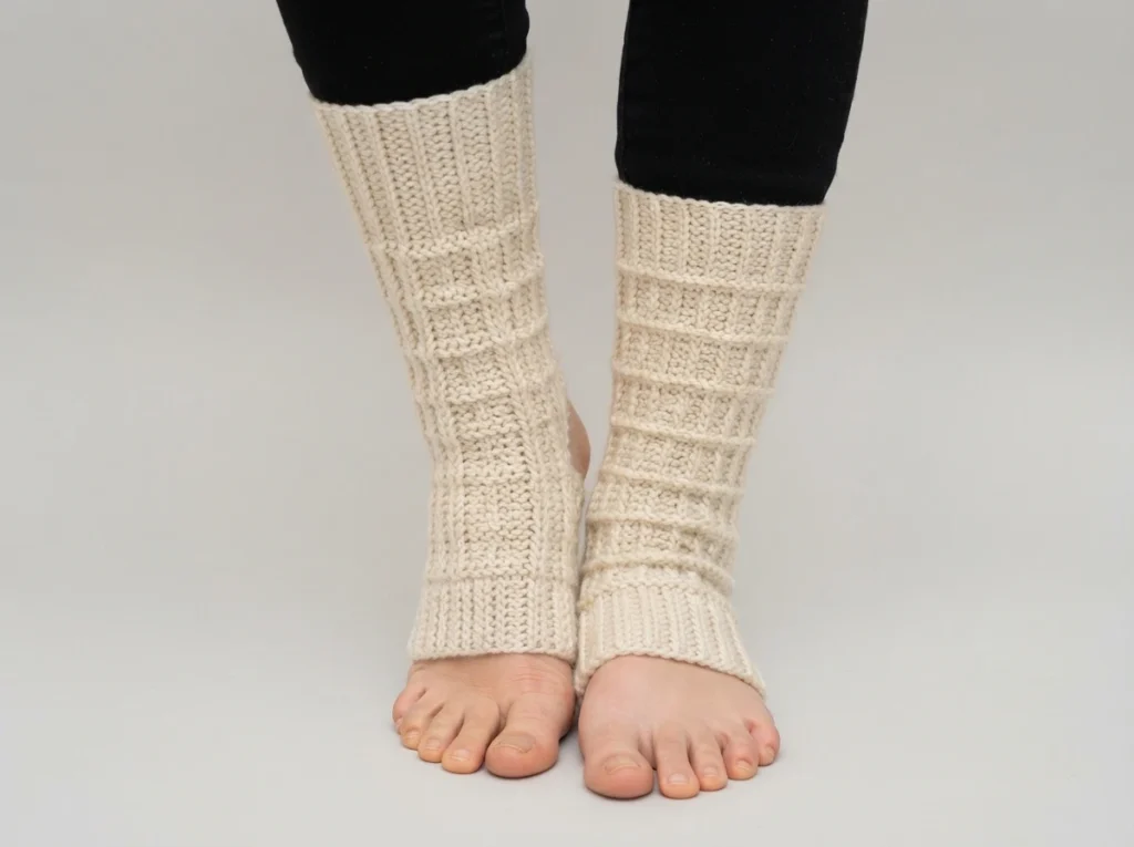 Model wearing cream knitted yoga socks with open toes