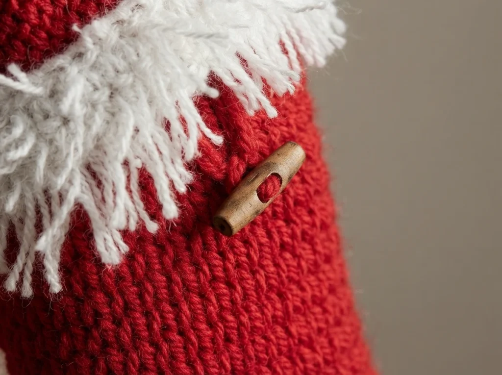 Close-up of red knitted fabric with white fringed trim and a wooden toggle button