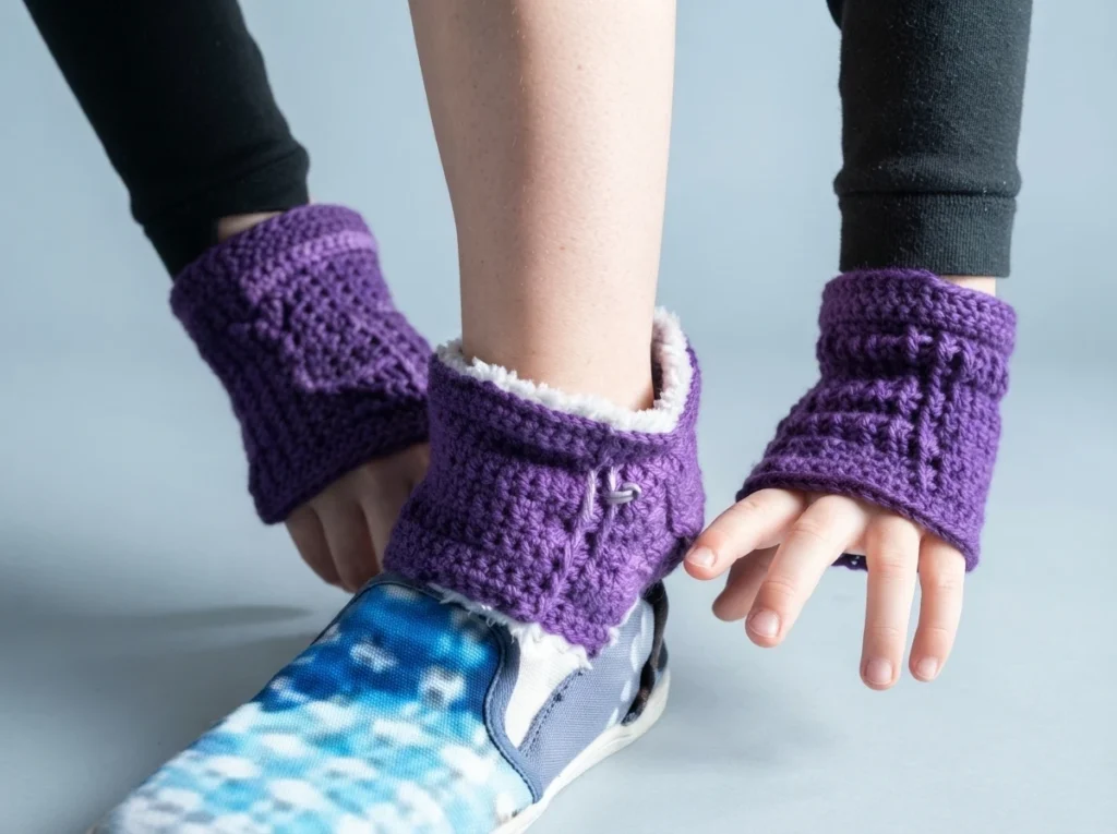 Child wearing purple crochet fingerless mitts and a matching purple crochet ankle cuff with white fleece lining over a blue tie-dye shoe.