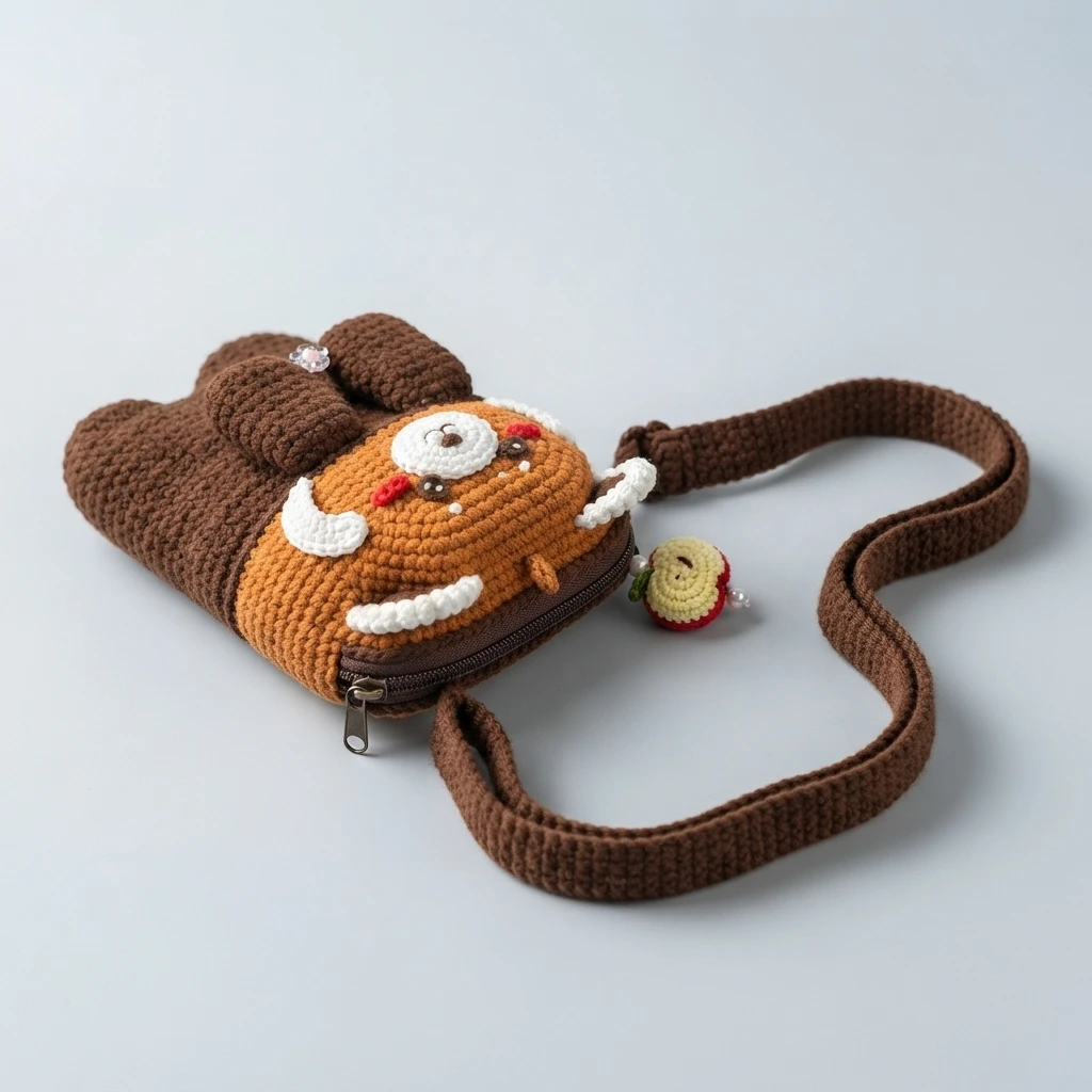 Crocheted red panda chest bag with orange face, brown body, white ear trim and small apple charm, lying on a light background with its brown strap.