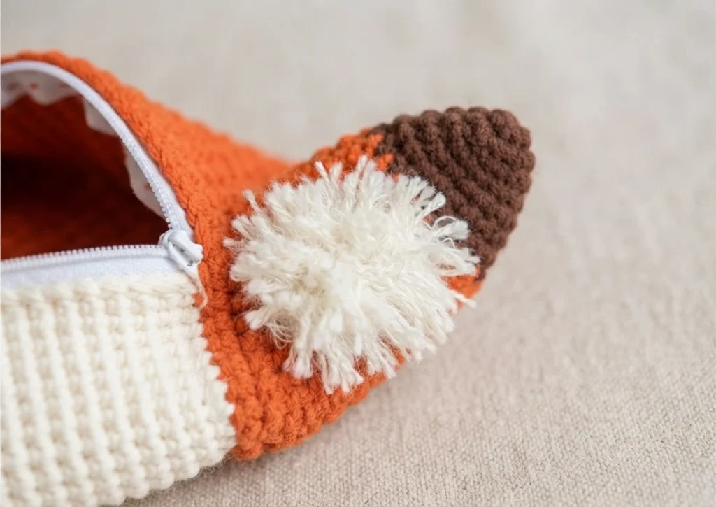 Close-up of an orange crochet fox bag with a white zipper, brown ear tip and fluffy white cheek on a beige fabric background.