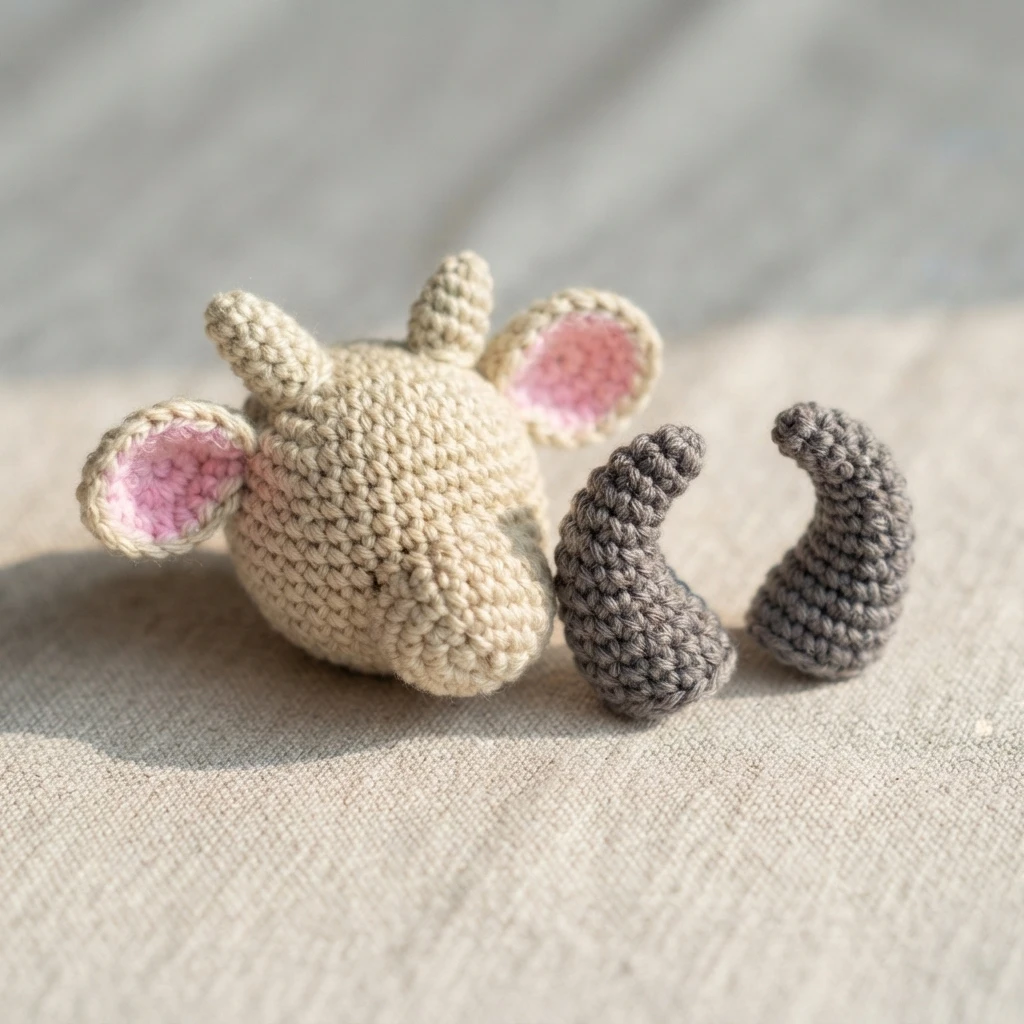 Unfinished beige crochet goat head with pink inner ears beside two small curved gray crocheted horns on light fabric