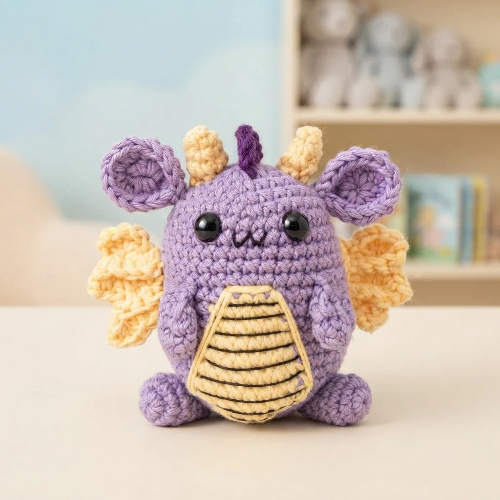 Crocheted purple dragon amigurumi with yellow wings, horns and striped belly, sitting on a table in front of a shelf.