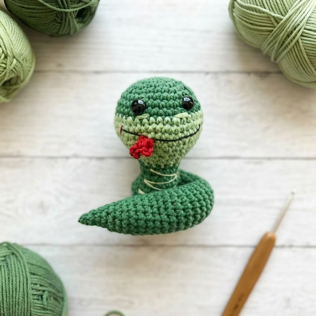 Small green crocheted snake amigurumi with light green snout and red tongue on a white wooden table with green yarn balls and a crochet hook