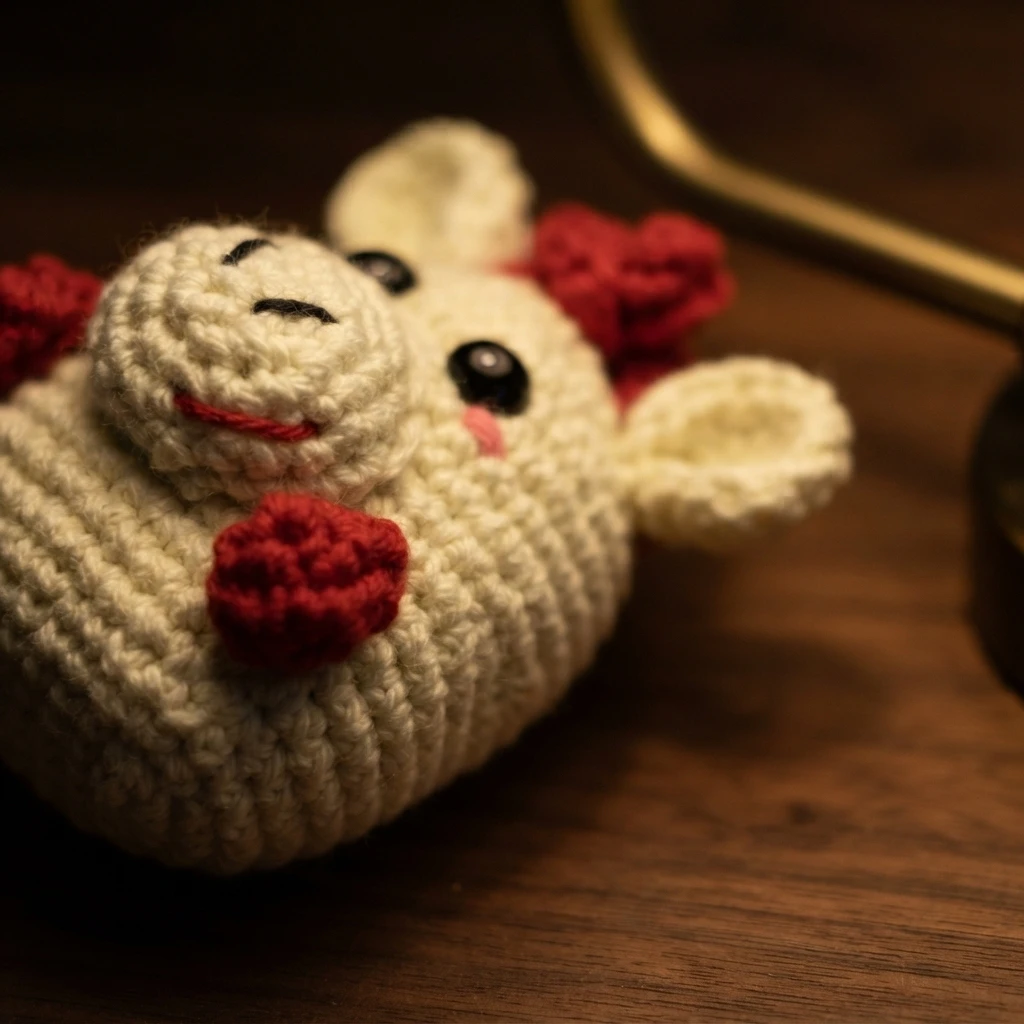 Cream and red crocheted horse amigurumi with black eyes and pink cheeks lying on a wooden table