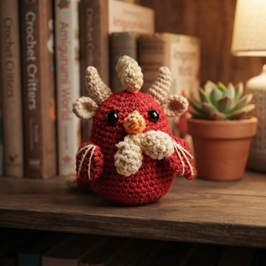 Small red crocheted rooster amigurumi with cream comb, wattle and embroidered wing details sitting on a wooden shelf in front of books and a small potted plant