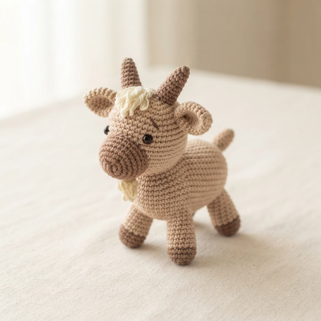 Crocheted standing goat in tan yarn with brown horns, white forelock and beard, and dark hooves, posed on cream fabric