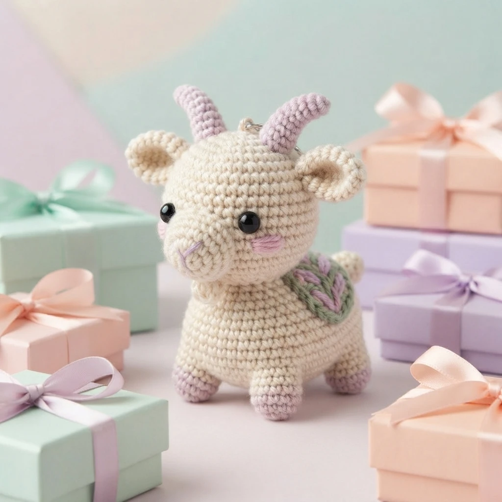 Cream crocheted goat amigurumi with lavender horns and hooves standing among pastel gift boxes with ribbons