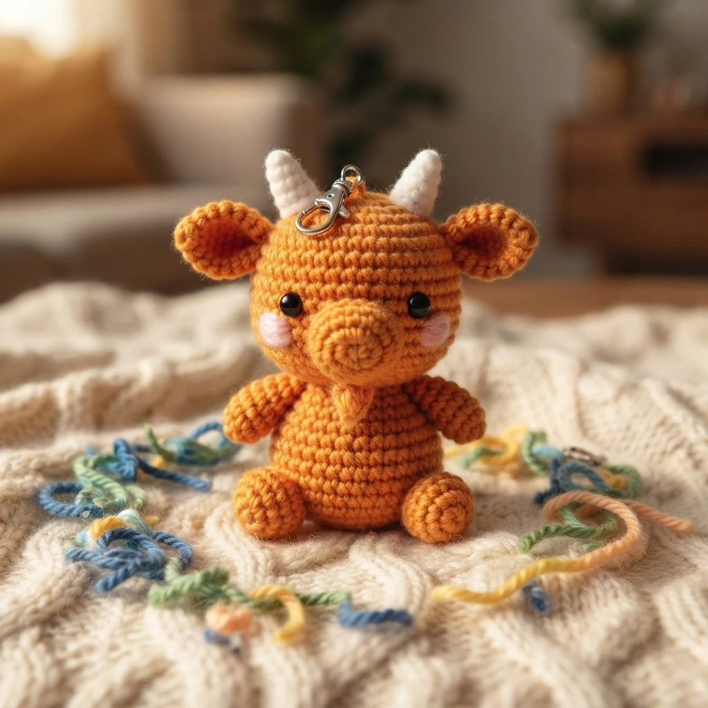 Crocheted orange amigurumi goat keychain with small white horns and a metal clasp, sitting on a cream knitted blanket surrounded by colorful yarn scraps