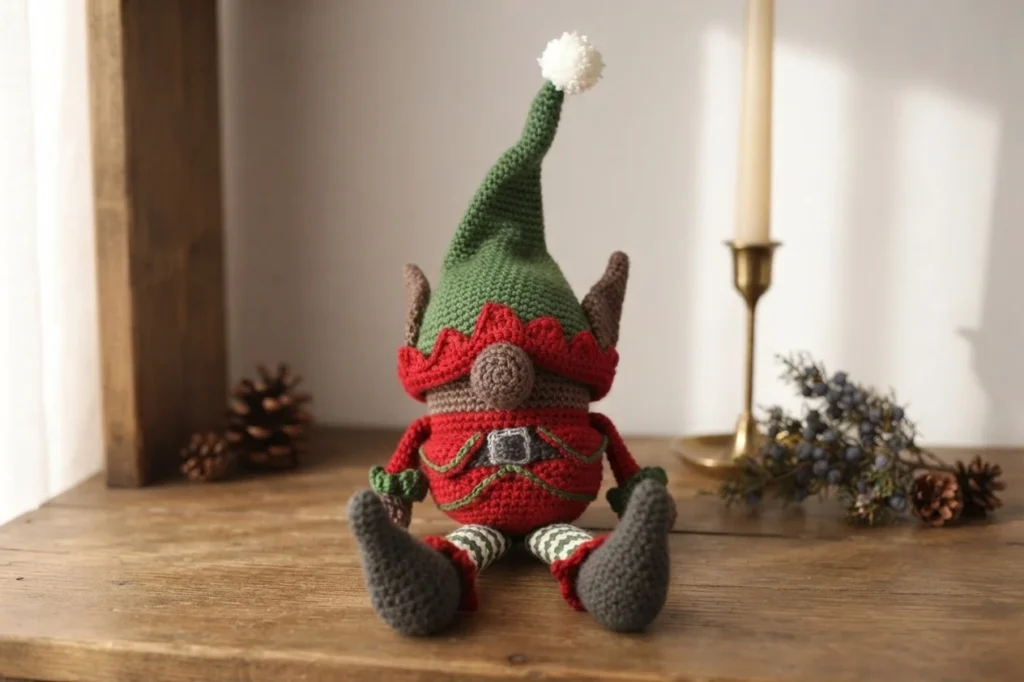 A single crocheted Christmas elf gnome sitting on a wooden surface, wearing a tall green pointed hat with a white pom pom, brown pointed ears, a brown beard, a red scalloped collar, a red body with a grey belt buckle, striped green and whit