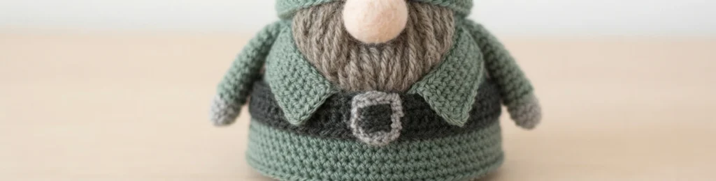 Close-up of a crocheted gnome torso in sage green, showing a folded green collar over a dark crocheted belt with a grey buckle, a fuzzy grey beard and a cream nose, on a light wood surface.
