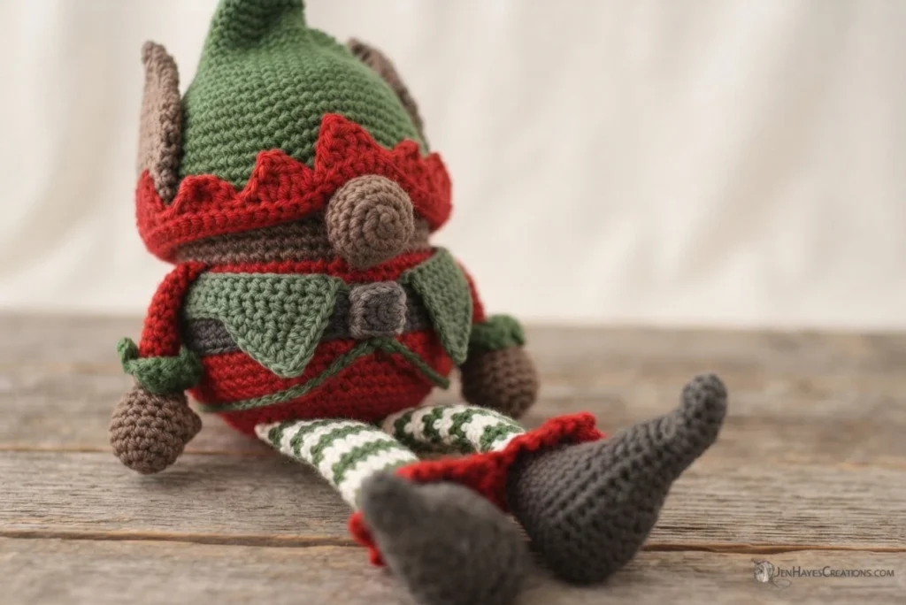 Close view of a crocheted elf gnome sitting on a wooden surface, wearing a green hat with a red scalloped brim, a red body with green leaf shaped collar pieces on each side of a grey belt buckle, a brown spiral nose, brown hands, white and