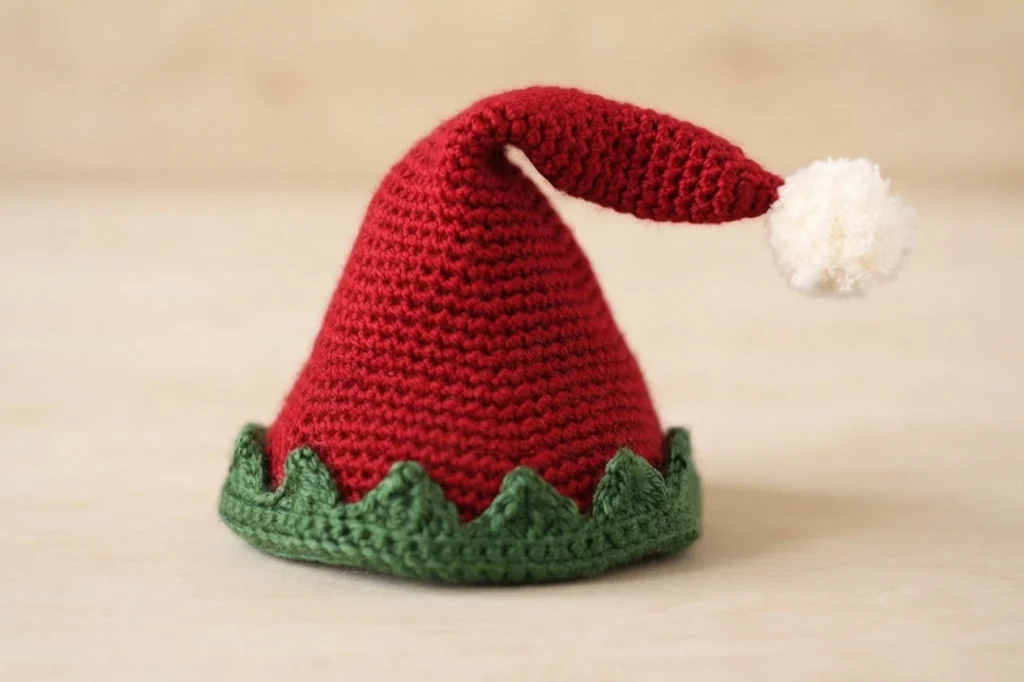 Crocheted elf hat in red with a green scalloped trim around the brim and a fuzzy white pom pom at the tip, sitting on a light wood surface.