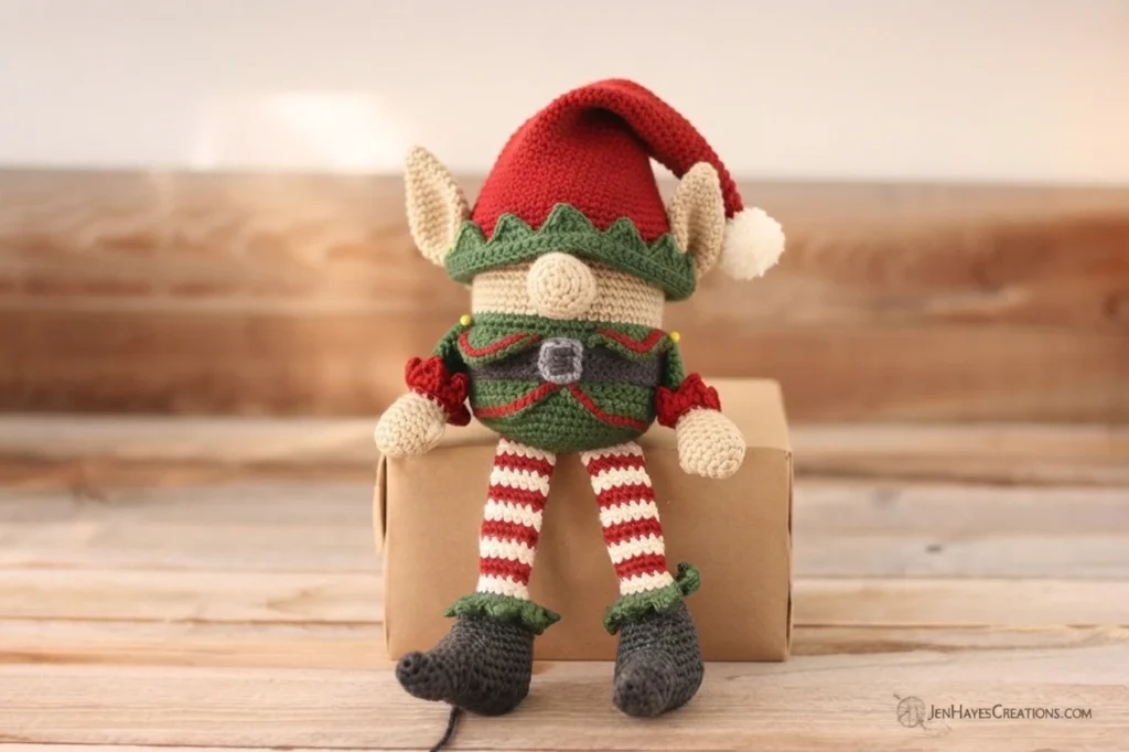 Crochet elf gnome with a red hat, green zigzag brim, tan nose and beard, green tunic with a dark belt and grey buckle, red cuffs, red and white striped legs and grey boots with green trim, sitting on a kraft paper box on a wooden surface, w