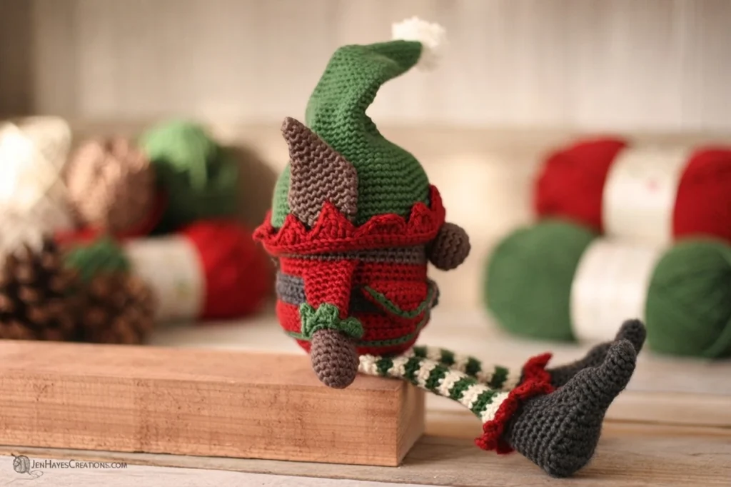 Side view of a crocheted Christmas elf gnome sitting on a wooden block: a green pointed hat with a white pom pom, a brown pointed ear shape at the front, a red scalloped collar, a red and green body with a dark grey belt, striped green and