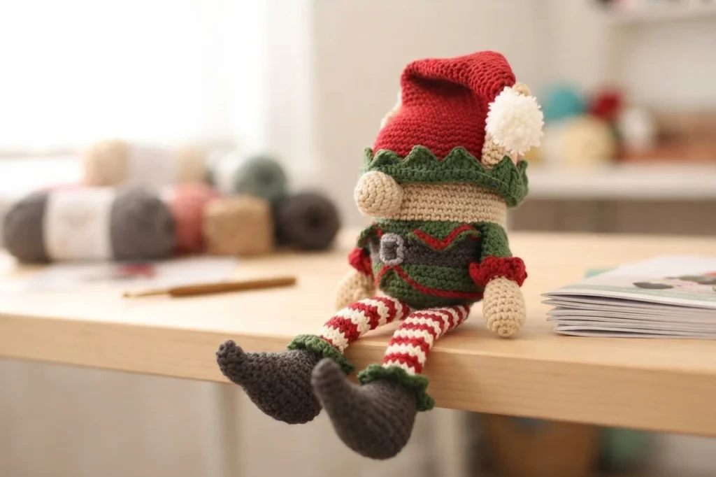 Crochet elf gnome with a red hat and white pom pom, green scalloped collar, beige face, green tunic with a grey belt buckle, red and white striped legs and dark grey boots, sitting on the edge of a wooden table with blurred yarn balls and a