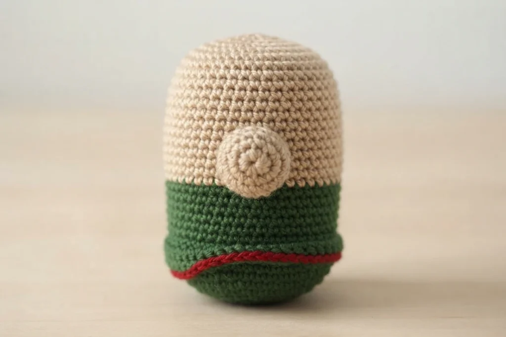 Side view of a crocheted gnome body with a beige upper section, a green lower section, a thin red trim near the bottom and a small crocheted nose attached at the side.