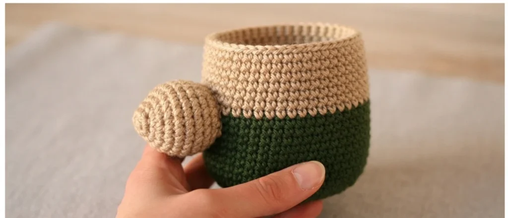A hand holding a crocheted body in progress, with a dark green lower section and a tan upper section, next to a small stuffed tan crochet ball.