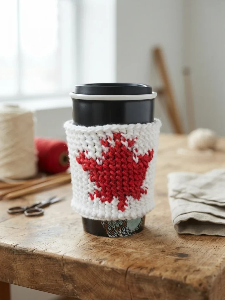 White crocheted cup cozy with a red maple leaf motif wrapped around a black travel mug with a white rim, set on a wooden surface.