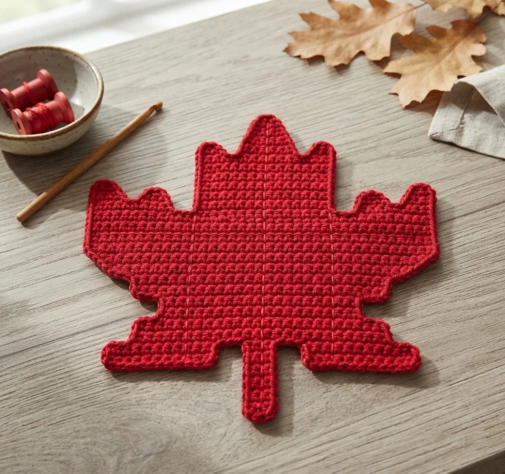 Flat red crocheted maple leaf shape lying on a wood grain table beside a wooden crochet hook, a small bowl holding red yarn bobbins, and dried oak leaves in the background.