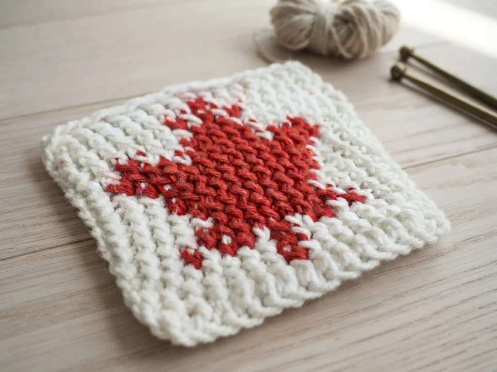 Crocheted white square with a red maple leaf motif in the centre, lying flat on a light wooden table with a ball of yarn and knitting needles in the background.