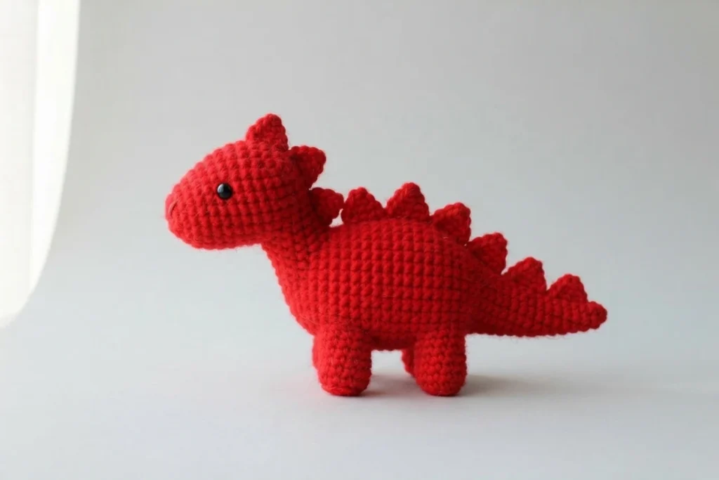Crocheted red dinosaur amigurumi with triangular back spikes, a black safety eye and four short legs, photographed on a white background.