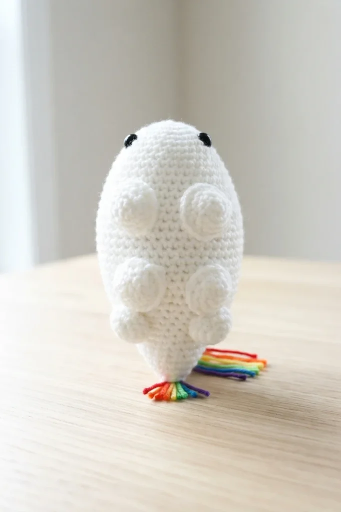 White crocheted amigurumi dinosaur shape with black safety eyes and raised round spots, rainbow yarn fringe at the base, sitting on a light wooden table.