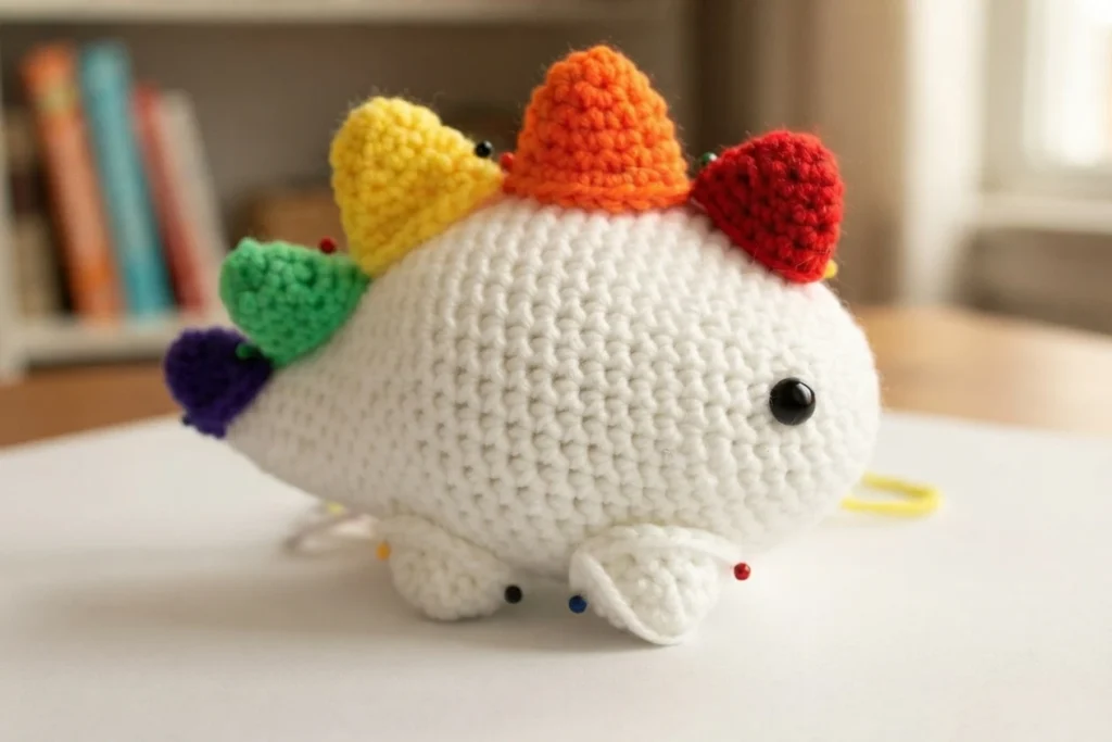 White crochet dinosaur body with rainbow colored spikes pinned along the back, black safety eye and small white legs pinned underneath, on a white table with a blurred bookshelf background.