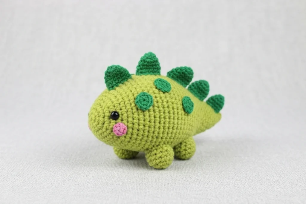 Crocheted green dinosaur amigurumi with darker green back spikes and spots, pink cheeks and black safety eyes, standing on a light background