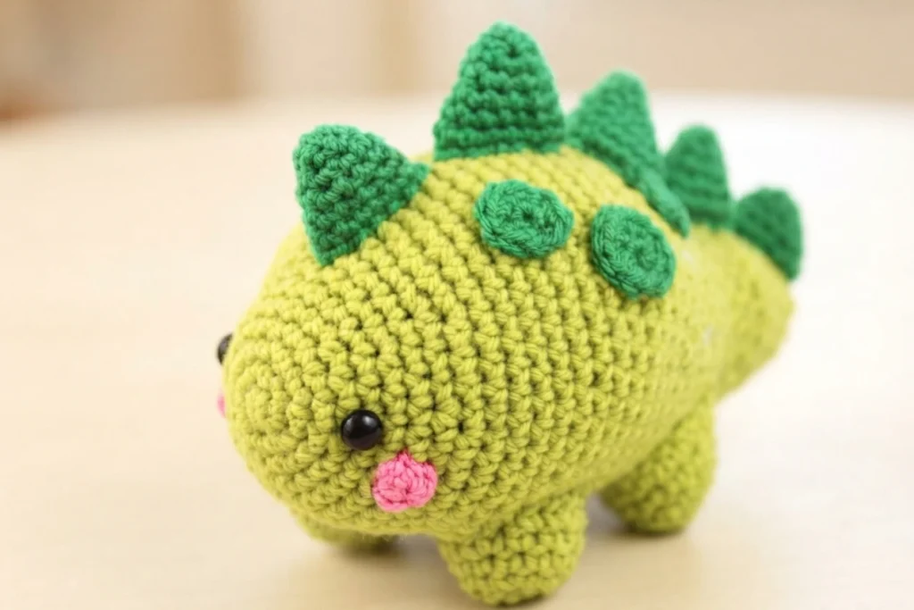 Crocheted lime-green dinosaur toy with dark green back spikes and round side spots, black safety eyes and pink cheeks.
