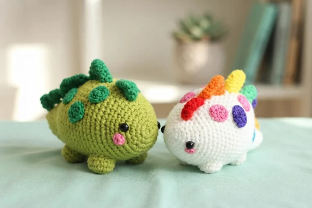 Two finished crochet dinosaur amigurumi, one green with dark green spikes and spots and pink cheeks, the other white with rainbow-colored spikes, pink and purple spots, and pink cheeks, placed side by side.