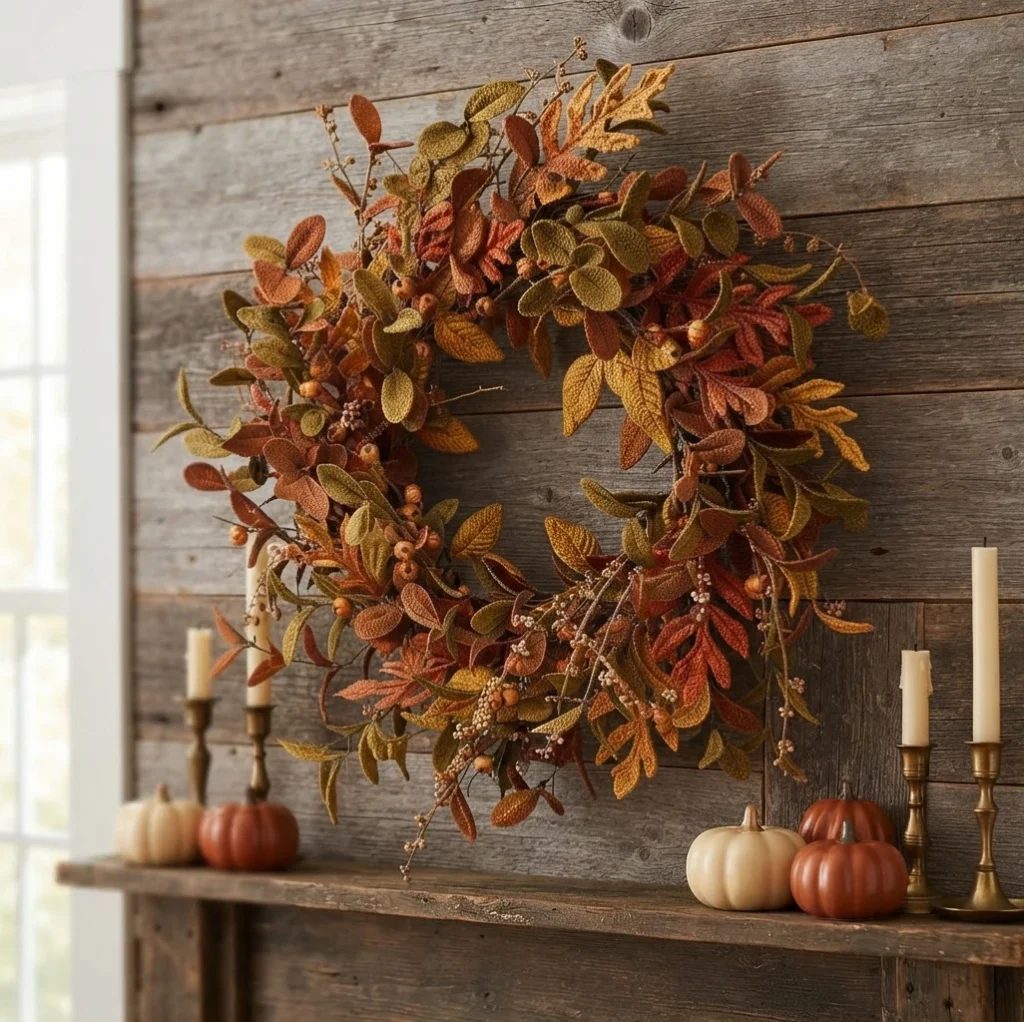 Autumn wreath with orange, gold and olive leaves and small berries hanging on a rustic wooden wall above a mantel with pumpkins and candles