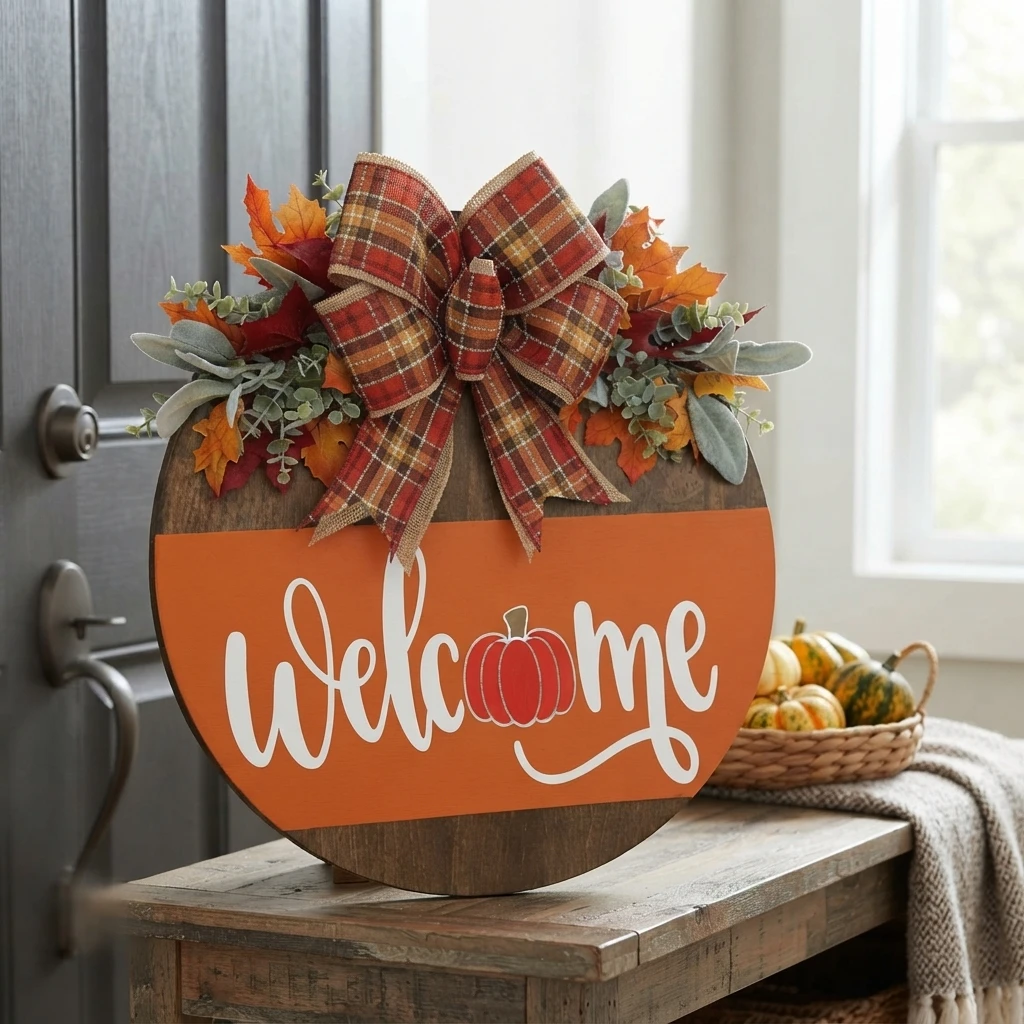 Round wooden welcome sign with orange painted band, white script lettering with pumpkin motif, topped with plaid bow and autumn leaves, styled on a wooden entryway table near a front door