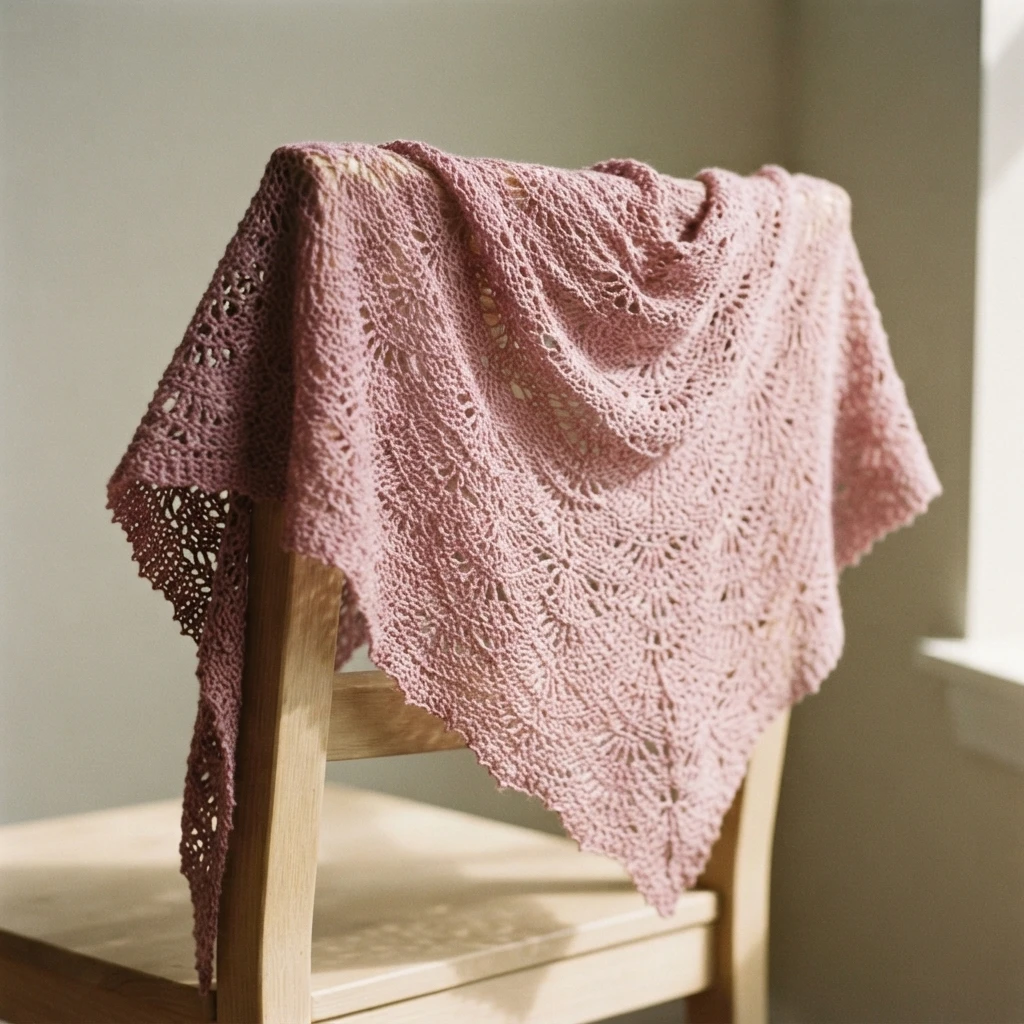 Pink crocheted lace shawl with fan motifs draped over the back of a wooden chair beside a sunlit window
