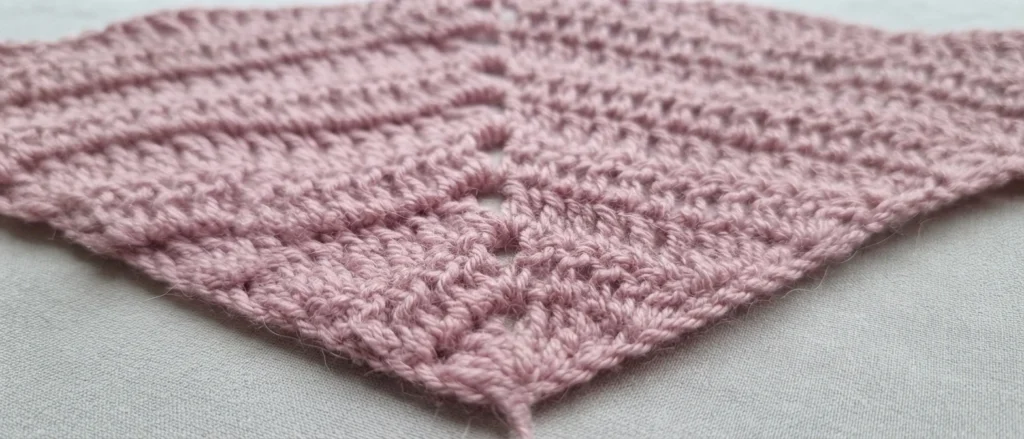 Close-up of a pink crocheted triangle shawl in progress, showing dense rows of double crochet stitches and a visible center spine on a light woven background.