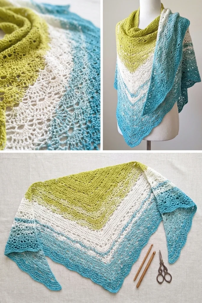 Triangular crochet lace shawl with green, white and blue gradient stripes, shown draped over a dress form and laid flat on light fabric beside wooden crochet hooks and metal scissors.