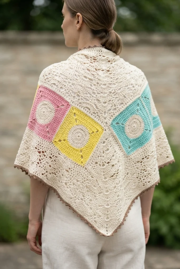 Woman seen from behind wearing a cream crochet triangle shawl decorated with pink, yellow and blue granny squares and a brown scalloped border, photographed outdoors.