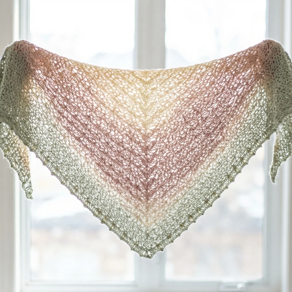 A triangular crochet shawl with an open fan lace pattern in a gradient of sage green, dusty pink and cream, hanging in front of a bright window.