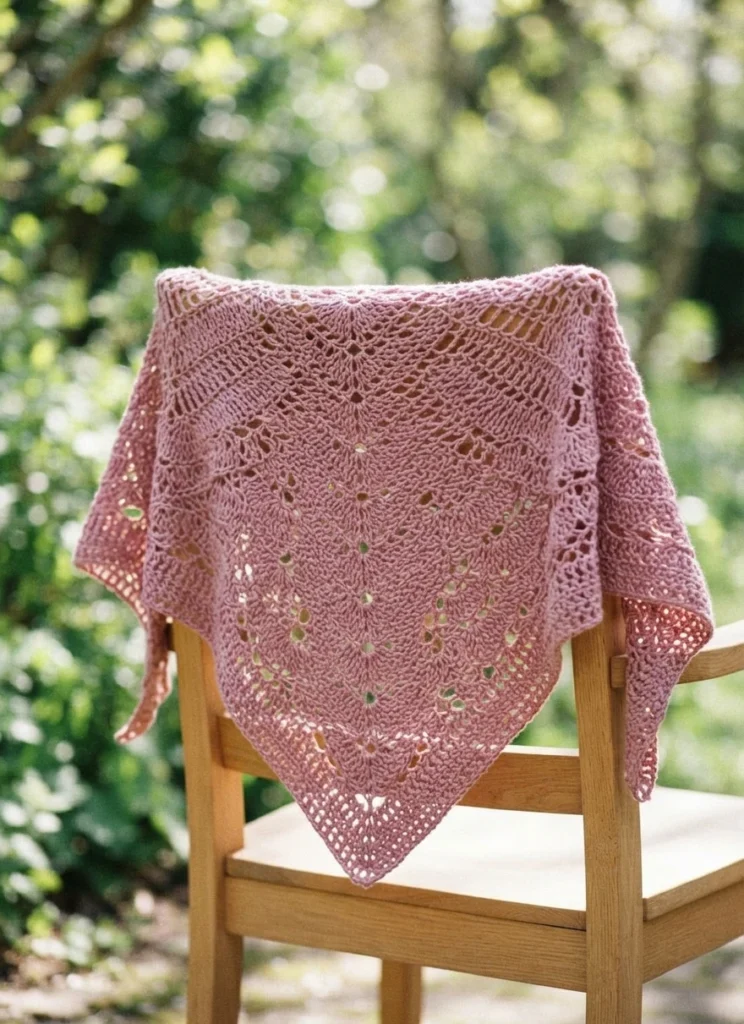 Pink triangular crochet lace shawl with fan and star motifs draped over the back of a wooden chair in a sunlit garden, with a leafy green background