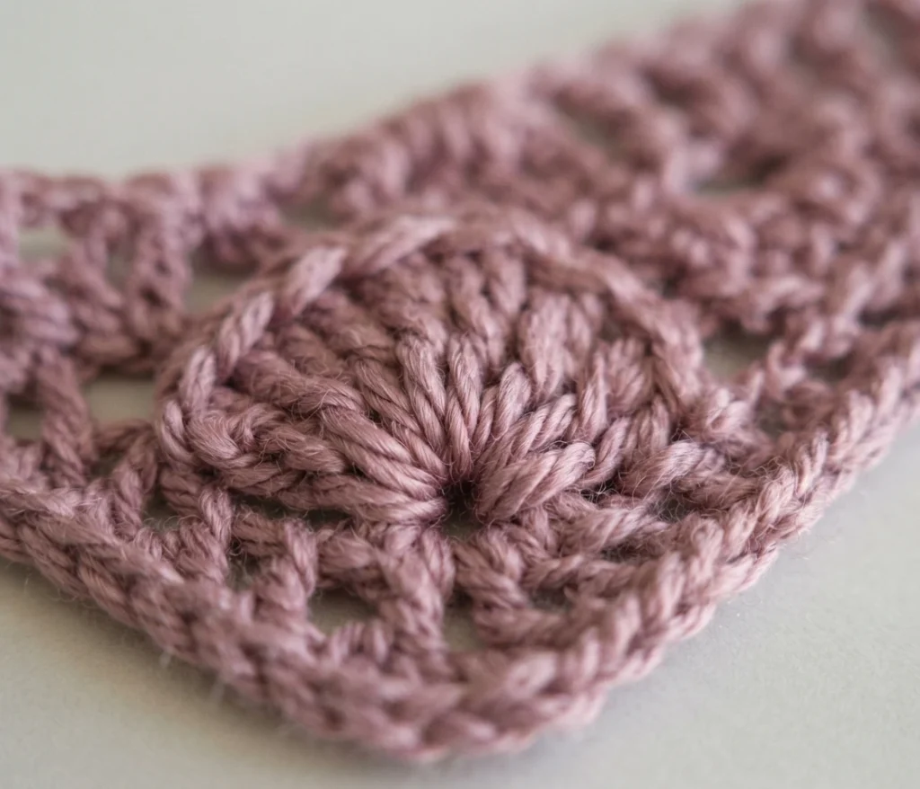 Close-up of a mauve crocheted cluster stitch on a light background, showing several tall stitches gathered together into one group at the base of a row.