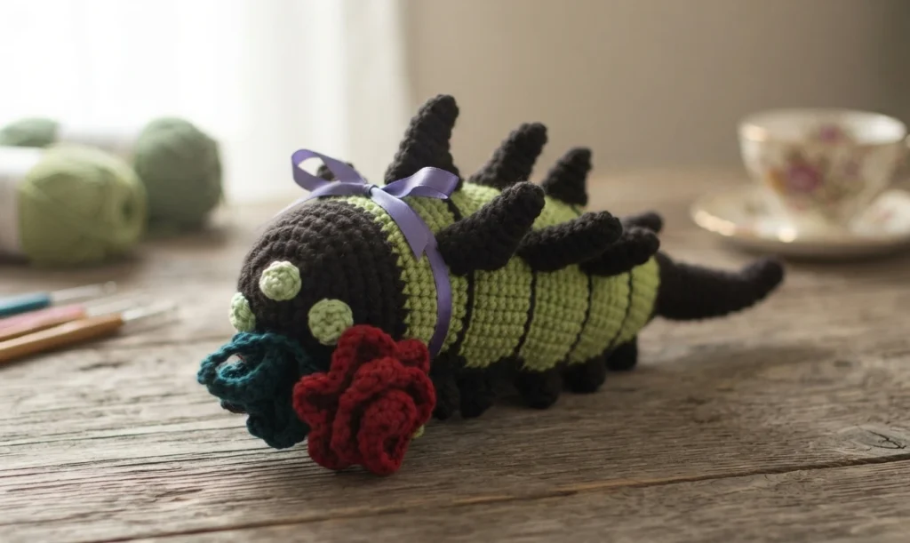 Finished crocheted worm with a black and light green segmented body, black spikes along the back and sides, pale green round eyes, a red crocheted rose with a teal leaf at the front, and a purple ribbon tied around the body, resting on a wo