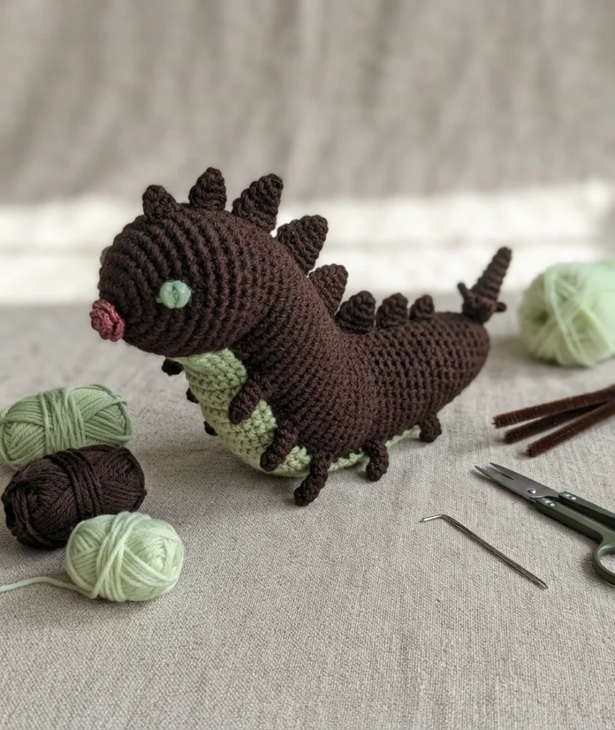 Crochet worm toy with a brown body, pale green belly and side, dark brown back spikes and small legs, a pale green eye and a small pink rose near its head, posed on beige linen fabric with balls of brown and light green yarn, brown pipe cle