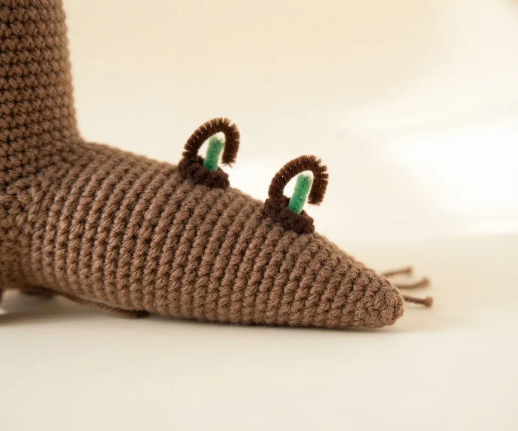 Close-up of a brown crocheted worm body section with two brown crocheted spikes attached on top, each threaded with a green pipe cleaner, photographed on a plain pale background.